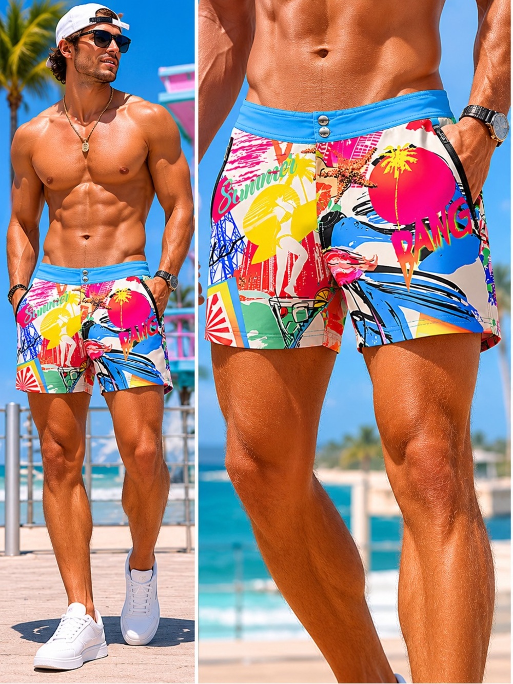 Men's BANG! Miami Multicolor Graphic Swim Shorts with Blue Waistband